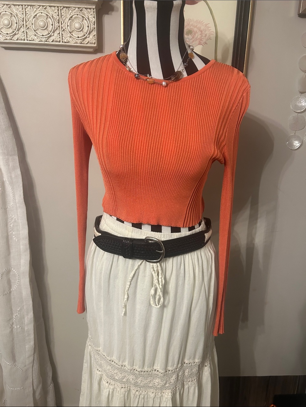 Ronny Kobo Collection Orange Ribbed Long-Sleeve Crop Dress